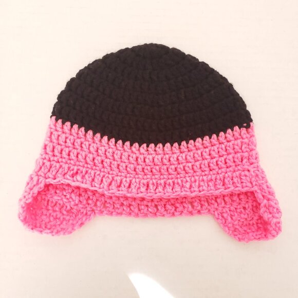 New Handmade Crochet Black and Pink Hat Beanie with Ear Flaps - Picture 6 of 8